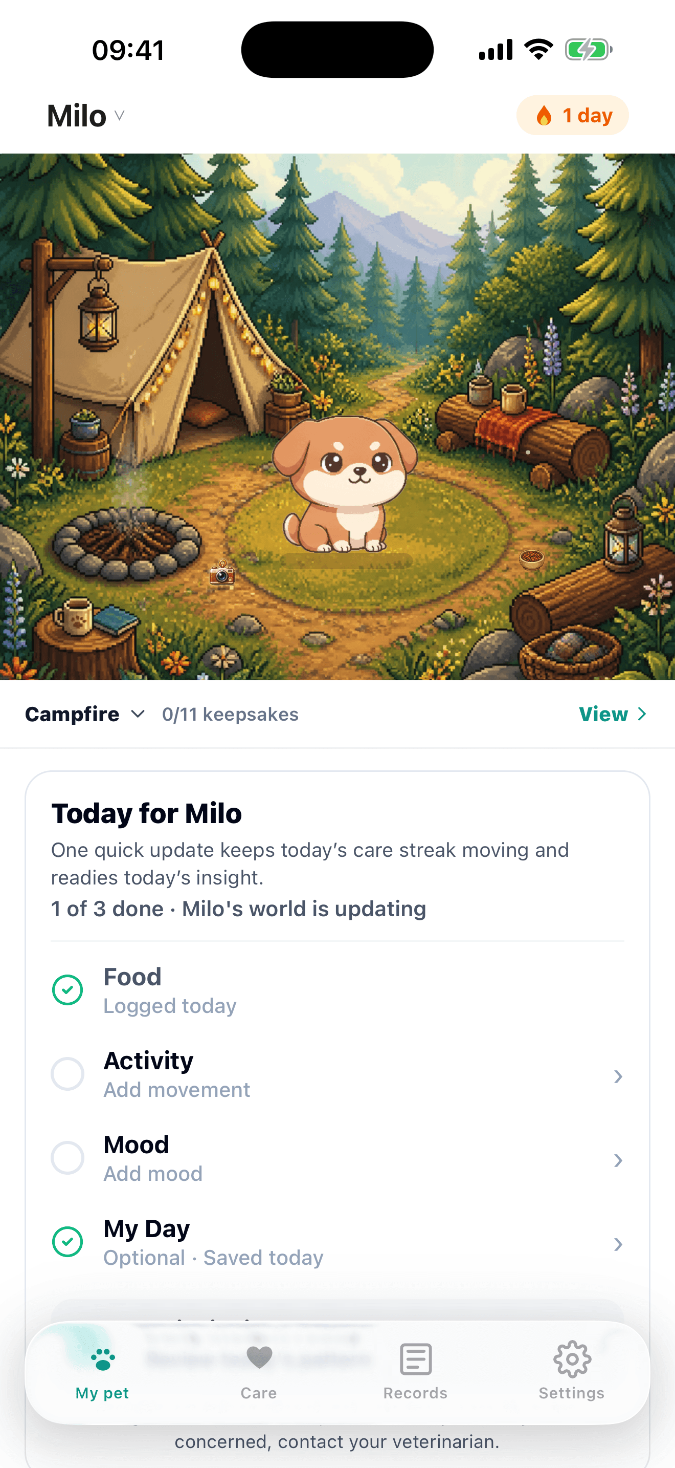 PetLife My pet screen with Milo’s dog companion in the Campfire world, a logged meal and a saved My Day entry.