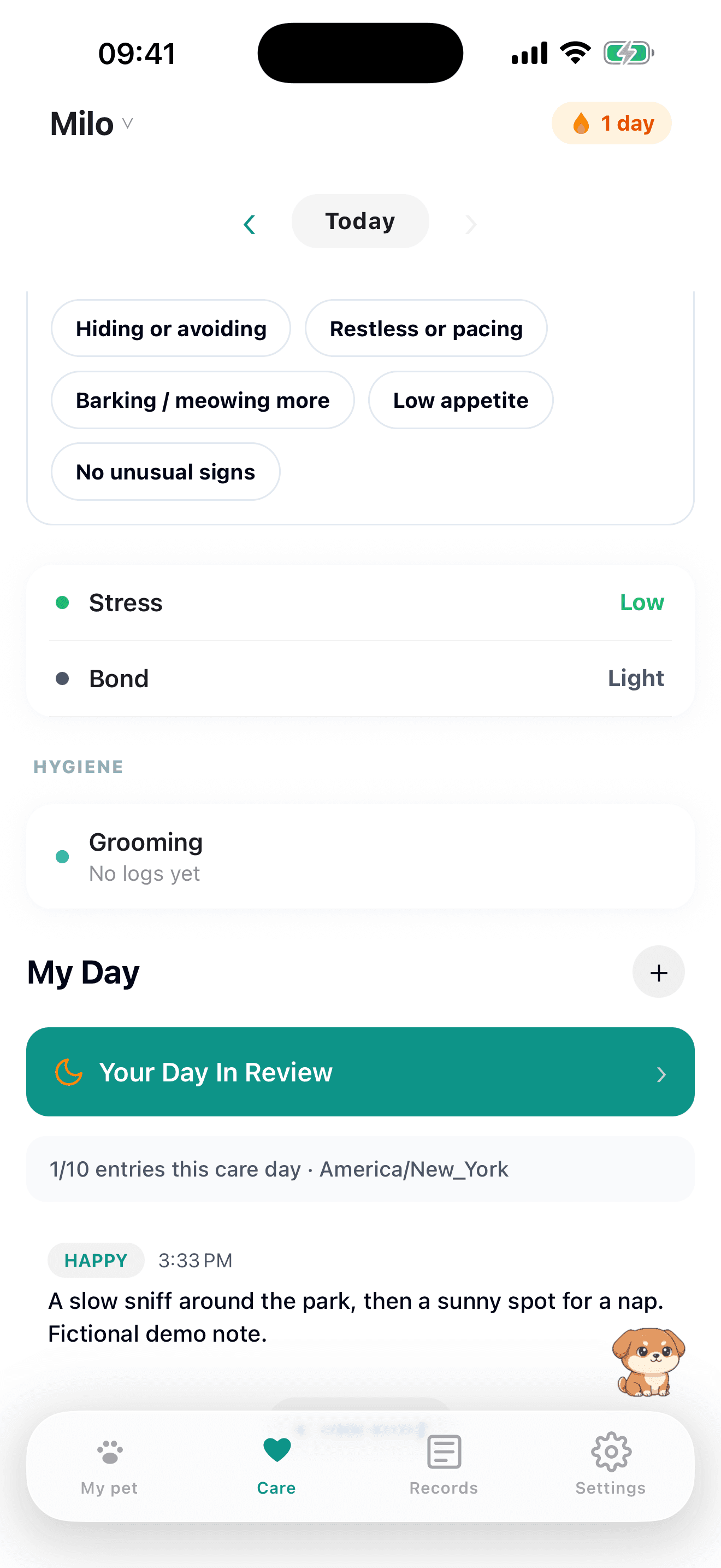 Milo’s actual PetLife Care screen with observation-based Stress and Bond indicators and a saved Happy-tagged note about a park walk and nap, explicitly marked as a fictional demo note.