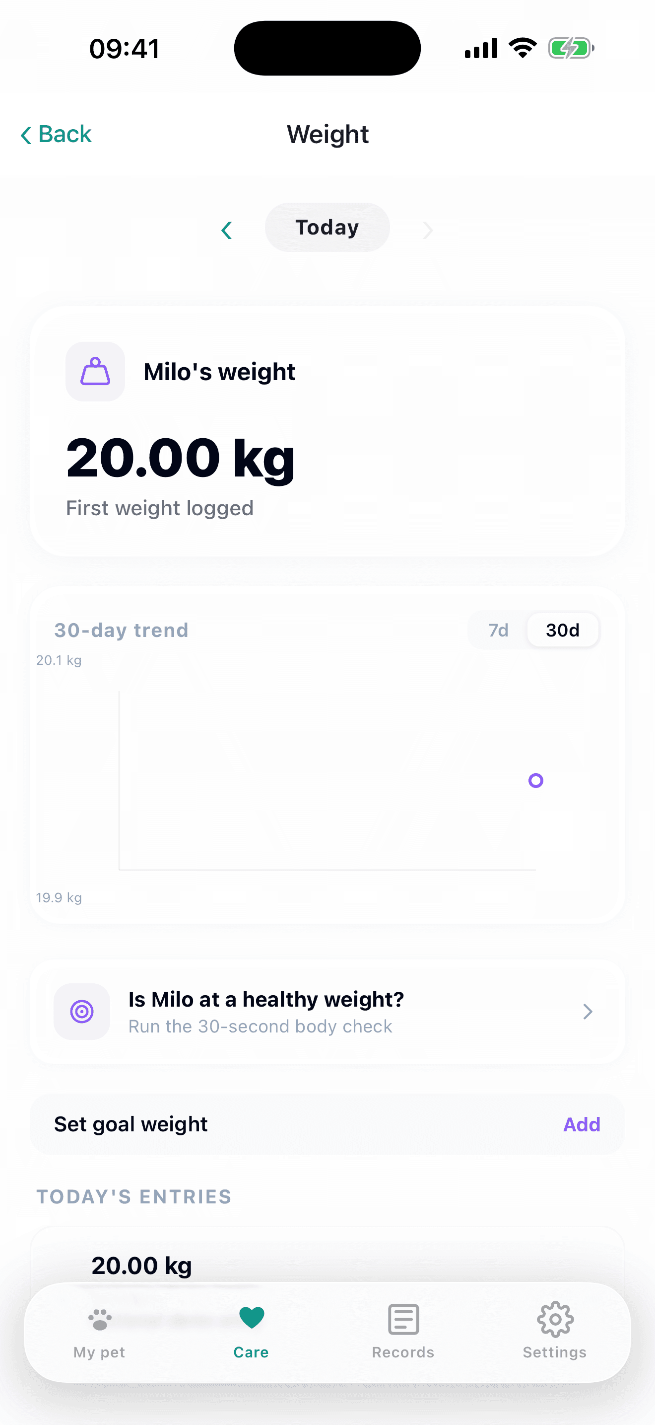 PetLife Weight screen showing Milo’s first fictional 20 kg weigh-in and a single point on the chart.