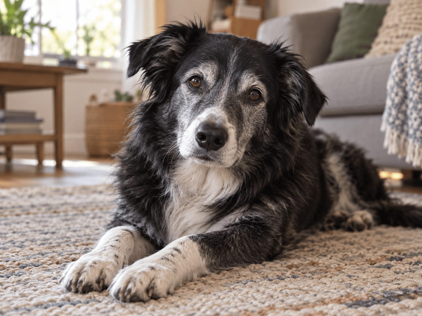 AI illustration of a senior border collie mix with a grey muzzle resting on a rug at home.