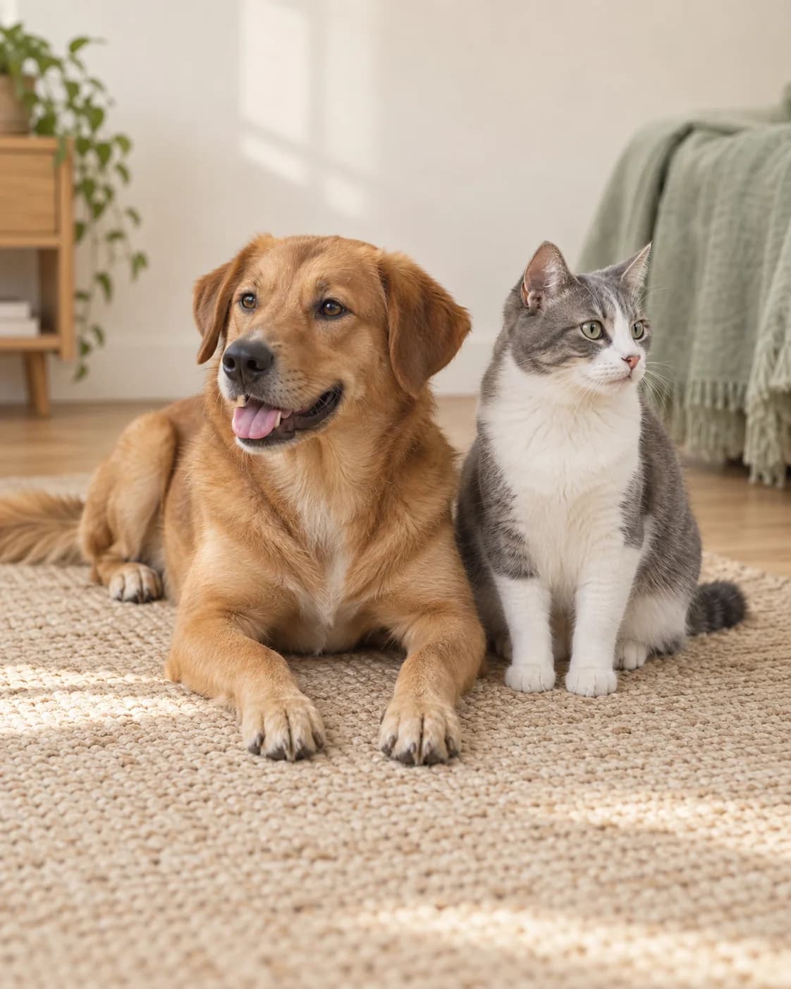 A caramel dog and a grey-and-white cat relaxing together on a rug at home.