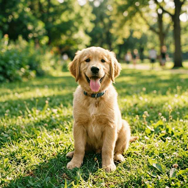 A golden retriever sitting in the grass